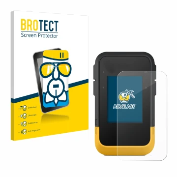 Parte frontal de un envase de producto con el logotipo de la marca BROTECT. Al lado se muestra el dispositivo Garmin eTrex SE 