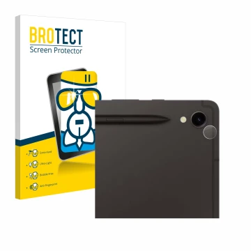 Parte frontal de un envase de producto con el logotipo de la marca BROTECT. Al lado se muestra el dispositivo Samsung Galaxy T