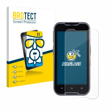 Parte frontal de un envase de producto con el logotipo de la marca BROTECT. Al lado se muestra el dispositivo Datalogic Memor 