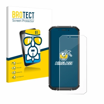 Parte frontal de un envase de producto con el logotipo de la marca BROTECT. Al lado se muestra el dispositivo Oukitel WP18 con