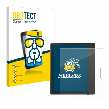 Parte frontal de un envase de producto con el logotipo de la marca BROTECT. Al lado se muestra el dispositivo Boox Page con su