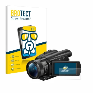 Parte frontal de un envase de producto con el logotipo de la marca BROTECT. Al lado se muestra el dispositivo Sony FDR-AX700 c