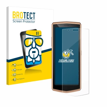 Parte frontal de un envase de producto con el logotipo de la marca BROTECT. Al lado se muestra el dispositivo Cubot Pocket 3 c