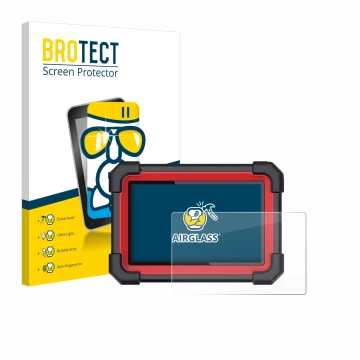 Parte frontal de un envase de producto con el logotipo de la marca BROTECT. Al lado se muestra el dispositivo Launch X-431 CRP
