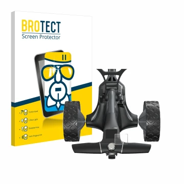 Parte frontal de un envase de producto con el logotipo de la marca BROTECT. Al lado se muestra el dispositivo Motocaddy M7 GPS