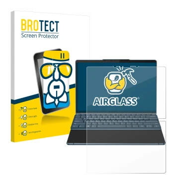 Parte frontal de un envase de producto con el logotipo de la marca BROTECT. Al lado se muestra el dispositivo Lenovo Yoga Book