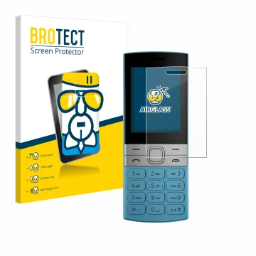 Parte frontal de un envase de producto con el logotipo de la marca BROTECT. Al lado se muestra el dispositivo Nokia 150 (2023)