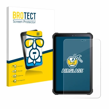 Parte frontal de un envase de producto con el logotipo de la marca BROTECT. Al lado se muestra el dispositivo Oukitel RT3 con 