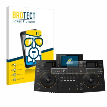 Parte frontal de un envase de producto con el logotipo de la marca BROTECT. Al lado se muestra el dispositivo Pioneer OPUS-QUA