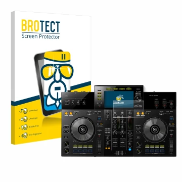 Parte frontal de un envase de producto con el logotipo de la marca BROTECT. Al lado se muestra el dispositivo Pioneer XDJ -RR 