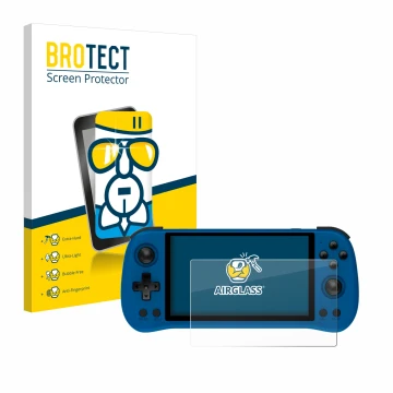 Parte frontal de un envase de producto con el logotipo de la marca BROTECT. Al lado se muestra el dispositivo Powkiddy X55 con