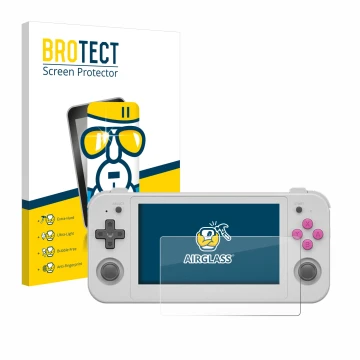 Parte frontal de un envase de producto con el logotipo de la marca BROTECT. Al lado se muestra el dispositivo Anbernic RG505 c