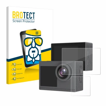 Parte frontal de un envase de producto con el logotipo de la marca BROTECT. Al lado se muestra el dispositivo Akaso Brave 4 Pr