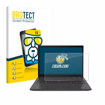 Parte frontal de un envase de producto con el logotipo de la marca BROTECT. Al lado se muestra el dispositivo Lenovo ThinkPad 