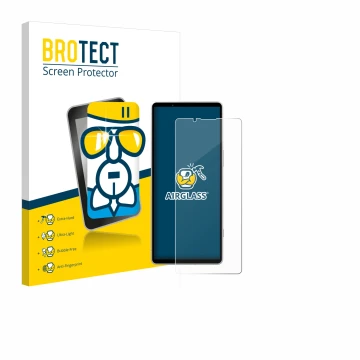 Parte frontal de un envase de producto con el logotipo de la marca BROTECT. Al lado se muestra el dispositivo Sony Xperia 5 V 