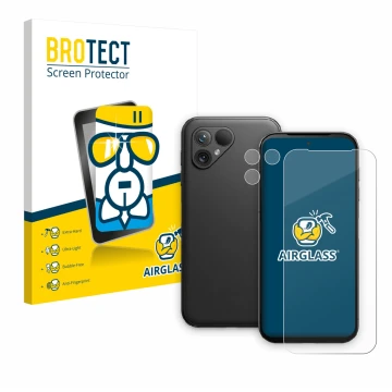 Parte frontal de un envase de producto con el logotipo de la marca BROTECT. Al lado se muestra el dispositivo Fairphone 5 (Fro
