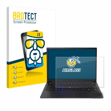 Parte frontal de un envase de producto con el logotipo de la marca BROTECT. Al lado se muestra el dispositivo Lenovo ThinkPad 