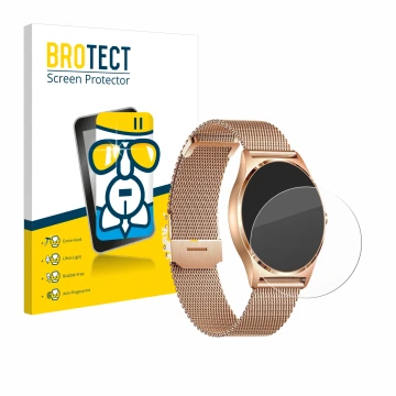 Parte frontal de un envase de producto con el logotipo de la marca BROTECT. Al lado se muestra el dispositivo Xcoast X-Watch J