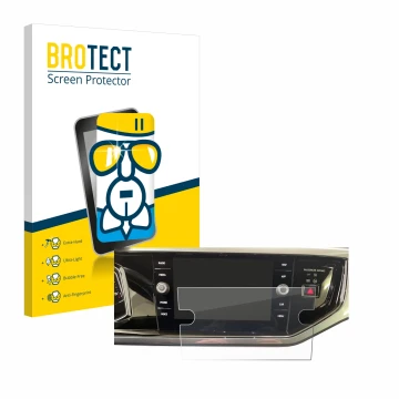 Parte frontal de un envase de producto con el logotipo de la marca BROTECT. Al lado se muestra el dispositivo Volkswagen Polo 