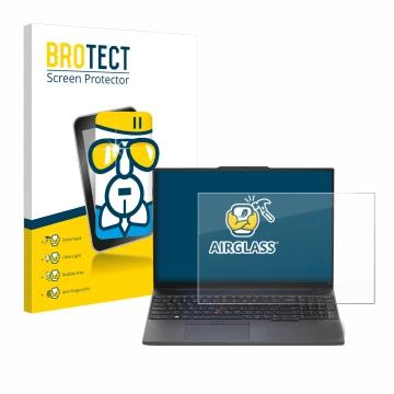 Parte frontal de un envase de producto con el logotipo de la marca BROTECT. Al lado se muestra el dispositivo Lenovo ThinkPad 
