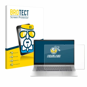 Parte frontal de un envase de producto con el logotipo de la marca BROTECT. Al lado se muestra el dispositivo HP Envy x360 2-i