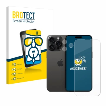 Parte frontal de un envase de producto con el logotipo de la marca BROTECT. Al lado se muestra el dispositivo Apple iPhone 15 