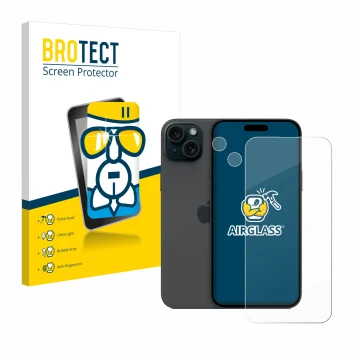 Parte frontal de un envase de producto con el logotipo de la marca BROTECT. Al lado se muestra el dispositivo Apple iPhone 15 
