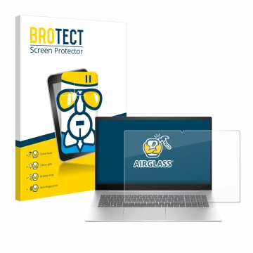 Parte frontal de un envase de producto con el logotipo de la marca BROTECT. Al lado se muestra el dispositivo HP Envy 17-cw000