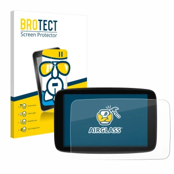 Parte frontal de un envase de producto con el logotipo de la marca BROTECT. Al lado se muestra el dispositivo TomTom GO Superi