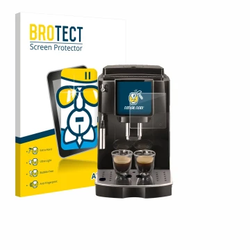 Parte frontal de un envase de producto con el logotipo de la marca BROTECT. Al lado se muestra el dispositivo DeLonghi Magnifi