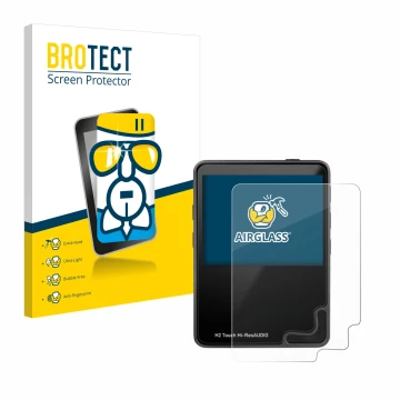 Parte frontal de un envase de producto con el logotipo de la marca BROTECT. Al lado se muestra el dispositivo HifiWalker H2 to