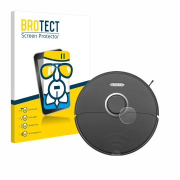 Parte frontal de un envase de producto con el logotipo de la marca BROTECT. Al lado se muestra el dispositivo Roborock S8 Lida