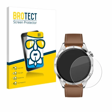 Parte frontal de un envase de producto con el logotipo de la marca BROTECT. Al lado se muestra el dispositivo Huawei Watch GT 