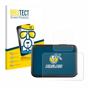 Parte frontal de un envase de producto con el logotipo de la marca BROTECT. Al lado se muestra el dispositivo GoPro Hero 12 Bl