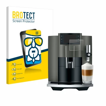 Parte frontal de un envase de producto con el logotipo de la marca BROTECT. Al lado se muestra el dispositivo Jura E8 (EC) con