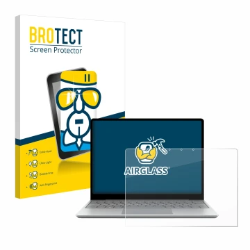 Parte frontal de un envase de producto con el logotipo de la marca BROTECT. Al lado se muestra el dispositivo Microsoft Surfac