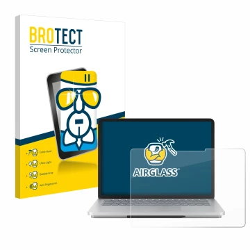 Parte frontal de un envase de producto con el logotipo de la marca BROTECT. Al lado se muestra el dispositivo Microsoft Surfac