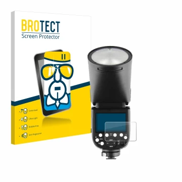 Parte frontal de un envase de producto con el logotipo de la marca BROTECT. Al lado se muestra el dispositivo Godox V1 con su 