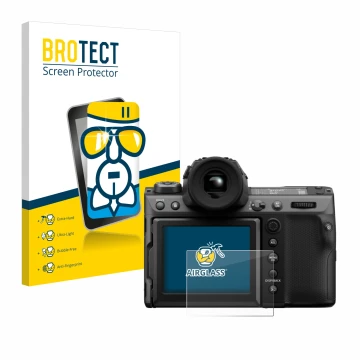 Parte frontal de un envase de producto con el logotipo de la marca BROTECT. Al lado se muestra el dispositivo Fujifilm GFX100 