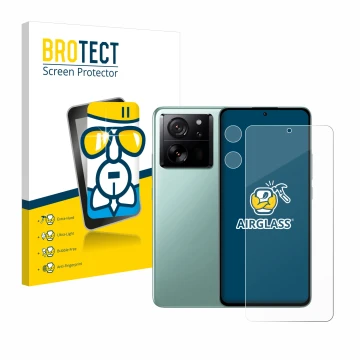 Parte frontal de un envase de producto con el logotipo de la marca BROTECT. Al lado se muestra el dispositivo Xiaomi 13T Pro (