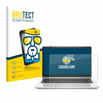 Parte frontal de un envase de producto con el logotipo de la marca BROTECT. Al lado se muestra el dispositivo HP EliteBook 645