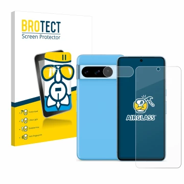 Parte frontal de un envase de producto con el logotipo de la marca BROTECT. Al lado se muestra el dispositivo Google Pixel 8 P