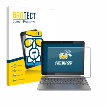 Parte frontal de un envase de producto con el logotipo de la marca BROTECT. Al lado se muestra el dispositivo Alldocube iWork 