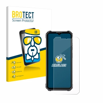 Parte frontal de un envase de producto con el logotipo de la marca BROTECT. Al lado se muestra el dispositivo Oukitel WP28 con