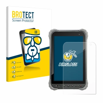 Parte frontal de un envase de producto con el logotipo de la marca BROTECT. Al lado se muestra el dispositivo Juniper Systems 