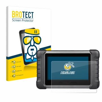 Parte frontal de un envase de producto con el logotipo de la marca BROTECT. Al lado se muestra el dispositivo Autel MaxiCheck 