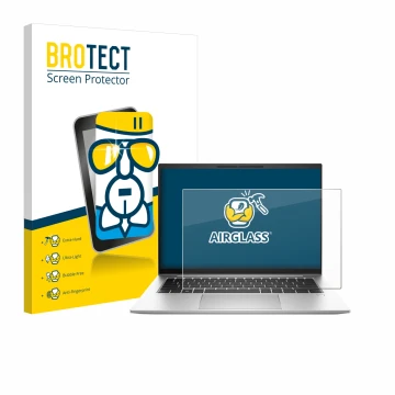 Parte frontal de un envase de producto con el logotipo de la marca BROTECT. Al lado se muestra el dispositivo HP EliteBook 845