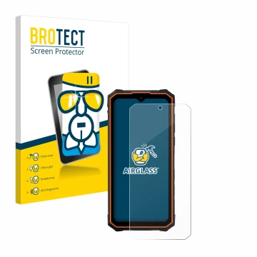 Parte frontal de un envase de producto con el logotipo de la marca BROTECT. Al lado se muestra el dispositivo Hotwav Cyber 13 