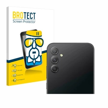 Parte frontal de un envase de producto con el logotipo de la marca BROTECT. Al lado se muestra el dispositivo Samsung Galaxy A