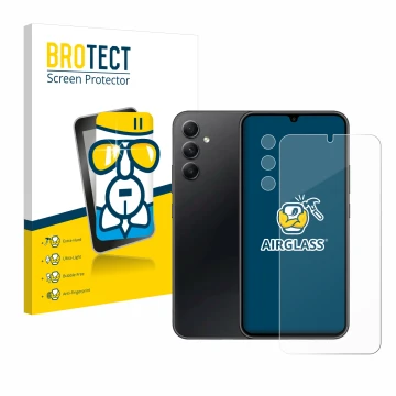 Parte frontal de un envase de producto con el logotipo de la marca BROTECT. Al lado se muestra el dispositivo Samsung Galaxy A